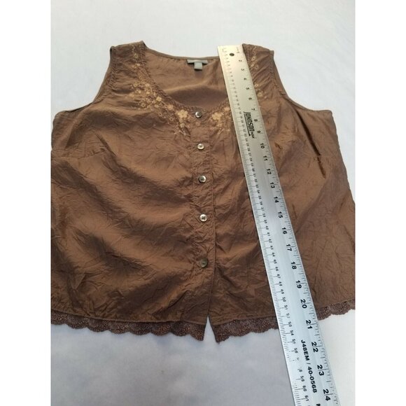 J. Jill Womens Sleeveless Button Down Top Floral Embroidered Size XSP Brown Silk - Picture 5 of 5